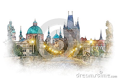 Prague - famous landmark Charles Bridge, watercolor artwork Stock Photo