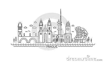 Prague lineart illustration. Prague, Czech line drawing. Modern style Prague city illustration. Hand sketched poster Vector Illustration