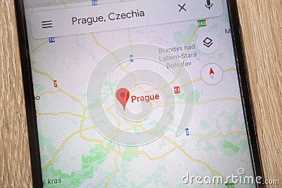 Prague location on Google Maps displayed on a modern smartphone Editorial Stock Photo