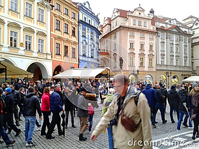 Prague market and street full of people and tourists Editorial Stock Photo