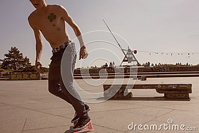 Prague metronom view with skateboarding young man at Letna district Editorial Stock Photo