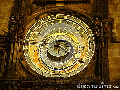 Prague night ,the astronomical clock face and the calendar board below the astronomical clock dominate. On the astronomical dial Stock Photo