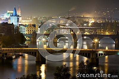 Prague at night, view of Bridges on Vltava Stock Photo