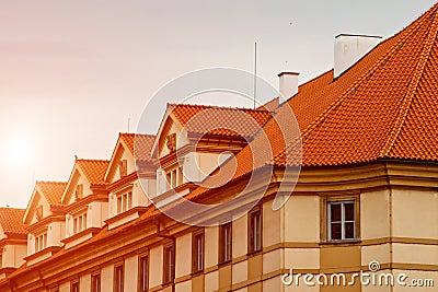 Prague. 05.10.2019: Orange colored roof tops of Prague old town buildings and baroque style houses viewed from top of old town Editorial Stock Photo