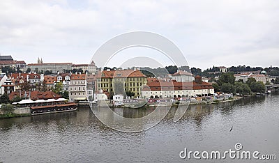 Prague Panorama and Kafka Museum over Vltava river in Czech Republic Editorial Stock Photo