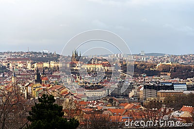 Prague panorama with St. Vitus Cathedral and Prague Castle - the biggest ancient castle in the world and residence of president Stock Photo