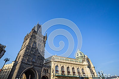 Prague Powder Tower, also called Prasna Brana, a former gate of the city, and the Municipal House, also called Obecni Dum Stock Photo