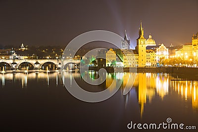 Prague (Praha) panorama at night Editorial Stock Photo