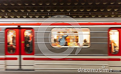 Prague, Staromestska metro station. Blur train in motion Stock Photo
