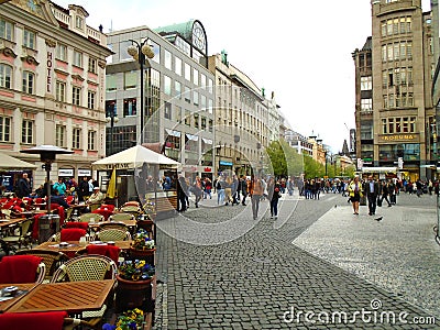 Prague street full of people and tourists Editorial Stock Photo