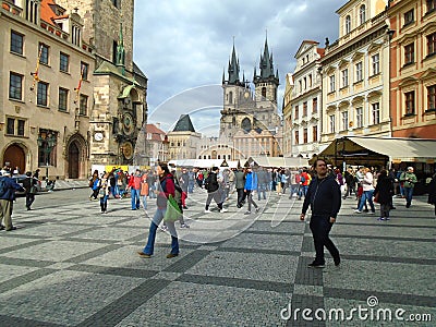 Prague street full of people and tourists Editorial Stock Photo