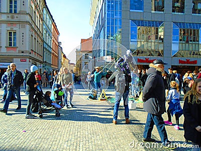 Prague street full of people and tourists Editorial Stock Photo