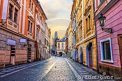 Prague street and the Powder Gate, no people Stock Photo