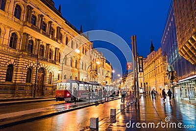 Prague street view at night Editorial Stock Photo