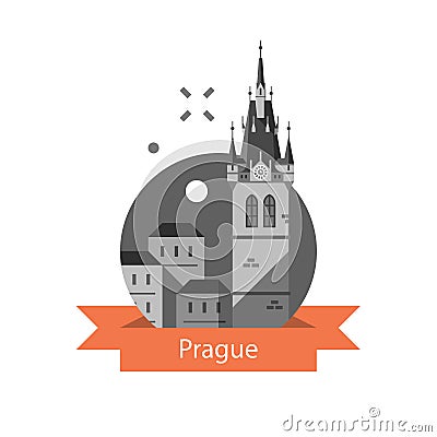 Prague symbol, old town, tower with clock and group of houses, Czech Republic travel destination Vector Illustration