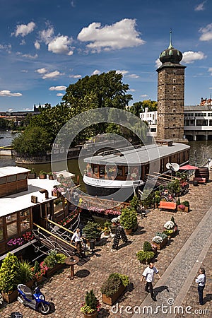 Prague, Vltava river with boats. Editorial Stock Photo