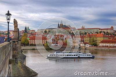 Prague, Vltava river, Hradcany castle, Czech republic - view from Charle`s bridge Editorial Stock Photo