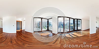 PRAHA, Czech Republic - JULY 21, 2014: Panorama of modern white empty loft apartment interior living hall room, full 360 seamless Stock Photo