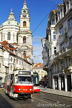 2019 11, Praha, Czech. Yellow white and red tram in the streets of Prague. New Czech red tram number 15 Editorial Stock Photo