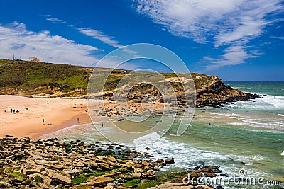 Praia das Macas in Sintra, Portugal near village Pinhal da Nazare. Panoramic view of Praia das Macas in the summer. Sintra, Stock Photo