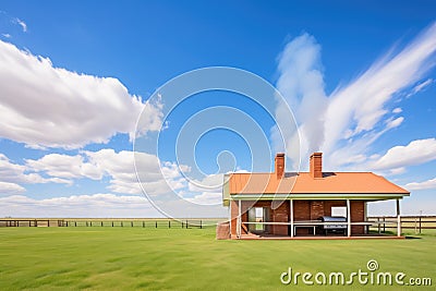 prairie landscape, woodframed brick smokehouse in field Stock Photo