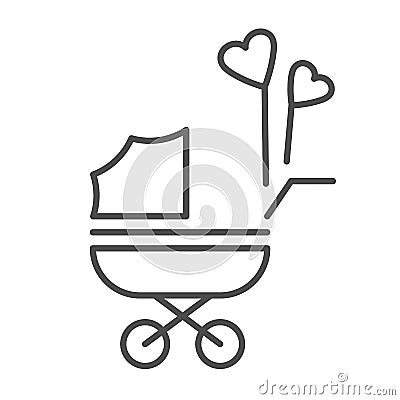 Pram with heart shaped balloons thin line icon, newborn holiday concept, Baby carriage sign on white background, baby Vector Illustration