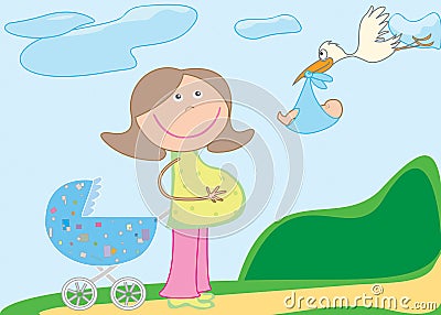 Pram, pregnant,stork with baby Vector Illustration