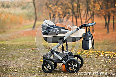 The pram stands alone in the park. Golden autumn. Landscape in w Stock Photo