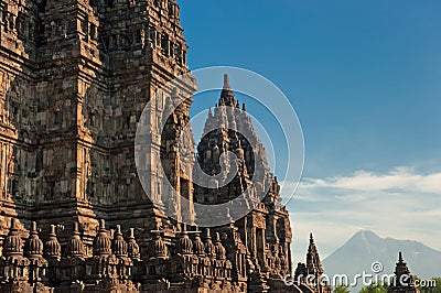 Prambanan temple with Merapi volcano, Indonesia Stock Photo