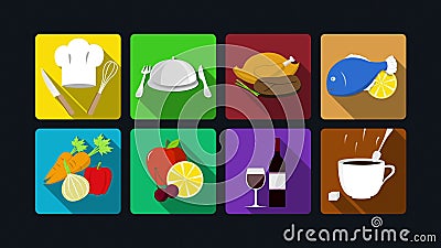 Pranzare animazione dell'icona: cottura, pollo pesce, verdure, frutti, vino, caffè royalty illustrazione gratis Pranzare animazione dell'icona: cottura, pollo pesce, verdure, frutti, vino, caffè royalty illustrazione gratis