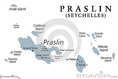 Praslin and nearby islands of the Seychelles, gray political map Vector Illustration