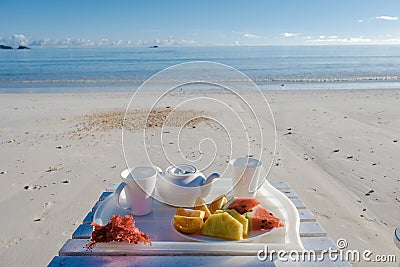 Praslin Seychelles, Luxury self catering bungalow villa in a tropical garden in the Seychelles, with breakfast on the Stock Photo