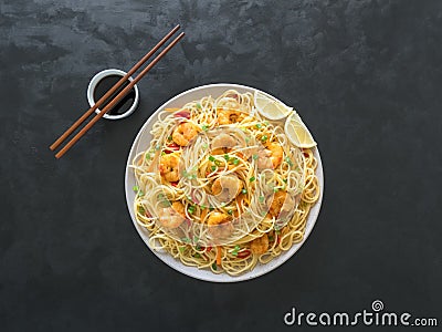 Prawn Schezwan Noodles with vegetables Stock Photo