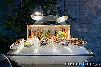 Prawn Skewer, Blue Crab, Sausage, Marinated fish, Brochette for Grill Pit Stock Photo