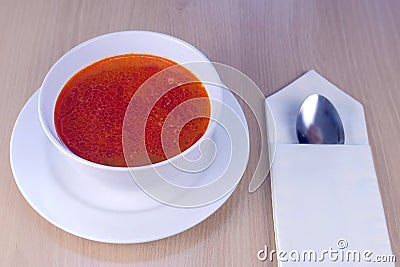 Prawn soup with mushrooms,Tom Yam Kung, thai food on wooden table, side view. Stock Photo