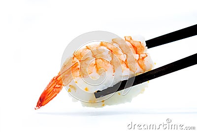 Prawn Sushi with Chopsticks. Stock Photo