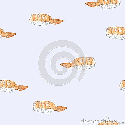 Prawn sushi , seamless sketch pattern. Vector Illustration