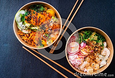 Prawns Poke and salmon and caviar Poke. Hawaiian cuisine Stock Photo