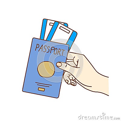 The man holding passports and the tickets for the trip Vector Illustration