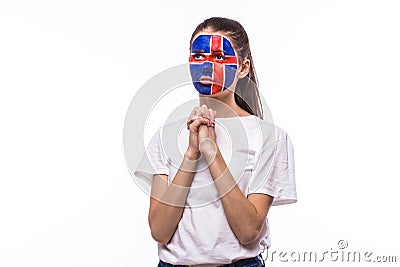 Pray for Iceland. Icelander football fan pray for game Iceland national team Stock Photo