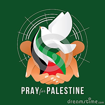 Pray for palestine - hands hold palestine flag with white peace bird took the flag out of hand on blue background vector design Vector Illustration