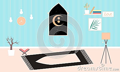 Pray and worship in room at home for Ramadan concept on landing page. Home decor clock, pot, photo, lamp, window, book and holy Qu Vector Illustration