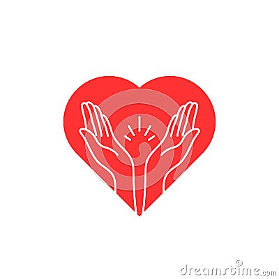 Prayer contour hands with heart logo Vector Illustration