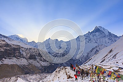 Prayer flags and Annapurna snow mountain of Himalaya, Nepal Editorial Stock Photo