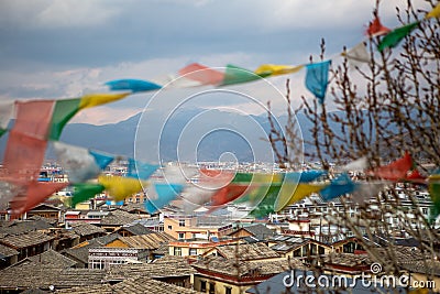 Prayer flags blow in Shangri-La, China. Stock Photo