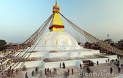 Prayer flags flying on the Boudhanath Stupa. symbol of Kathmandu, Nepal. Editorial Stock Photo