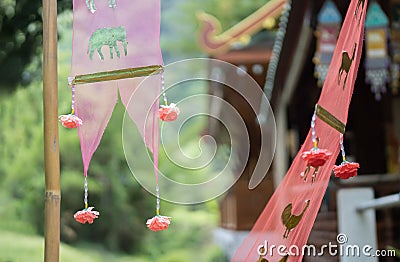 Prayer flags tung Hang or Northern traditional flag hang on temple for Songkran Festival Stock Photo