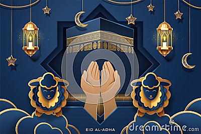 Prayer hands, Kaaba holy stone for Eid al-Adha Vector Illustration