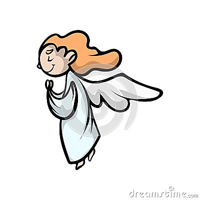 Prayer kid angel with long red hairs and wings Vector Illustration