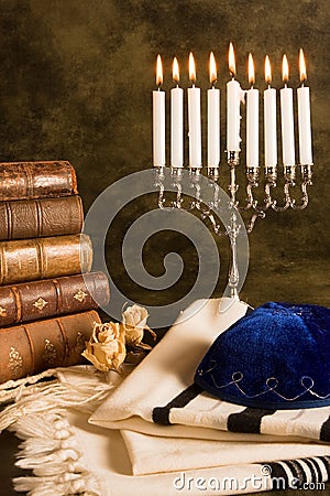 Prayer shawl and hanukkah Stock Photo